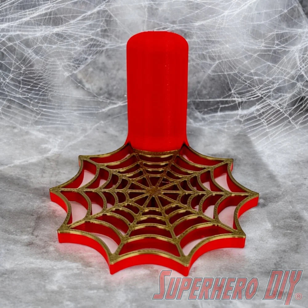 Red wall-mounted web shelf for Spider-Man Funko Pop Figures with layered web pattern for a themed display.