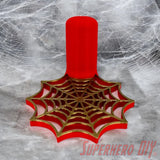 Red wall-mounted web shelf for Spider-Man Funko Pop Figures with layered web pattern for a themed display.