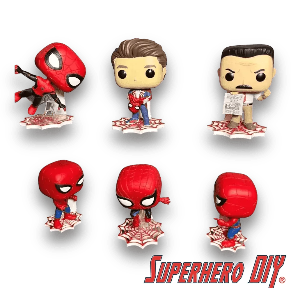 Web Shelf for Spider-Man Funko Pop Figures in various poses and costumes, ideal for displaying your collectible figures.