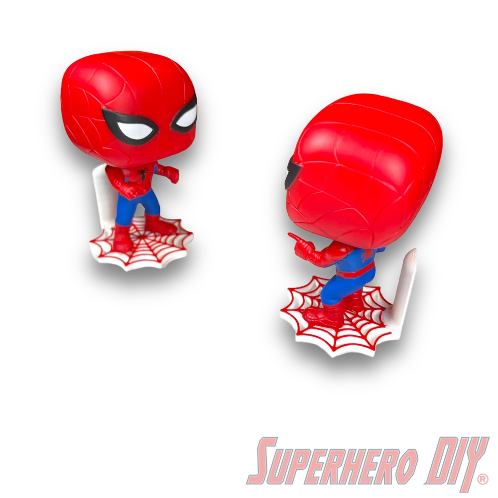 Web Shelf for Spider-Man Funko Pop Figures displayed with two Spider-Man Funko Pops on web-patterned platforms.