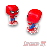Web Shelf for Spider-Man Funko Pop Figures displayed with two Spider-Man Funko Pops on web-patterned platforms.