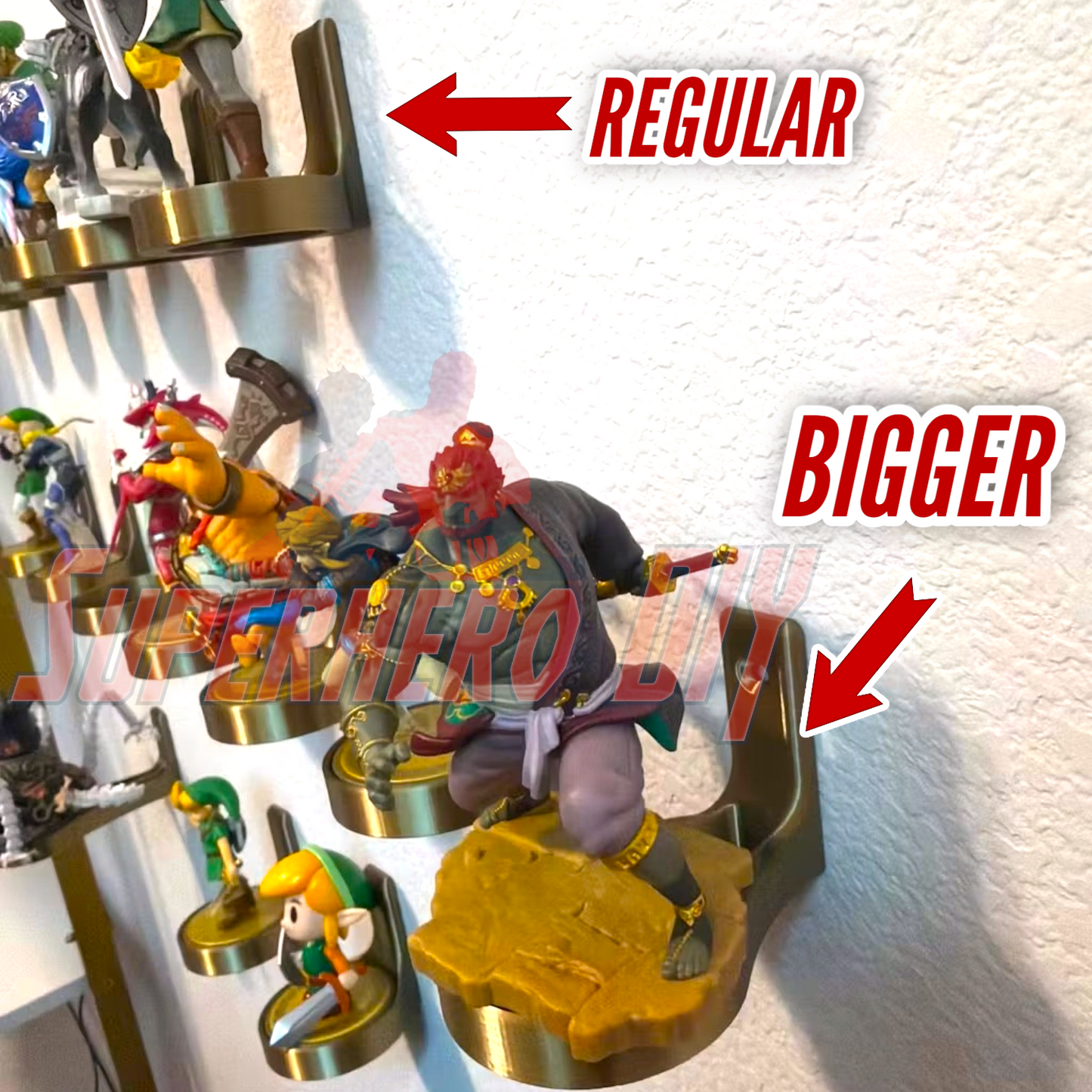different sizes of shelves to fit your amiibo collection - regular, bigger, or guardian size
