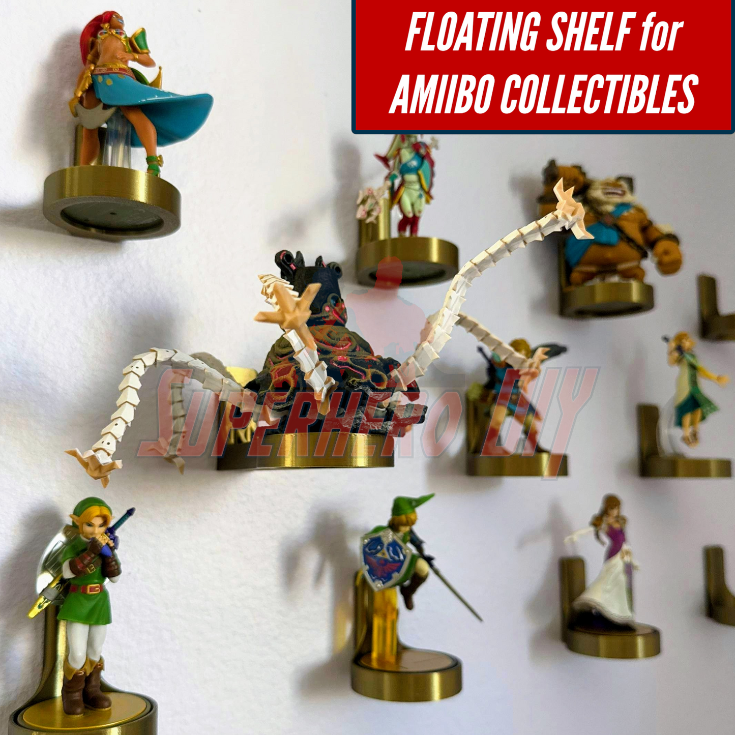 Display shelf for Amiibo showing various Nintendo Amiibo collectibles on 3D-printed floating stands with no drilling required.