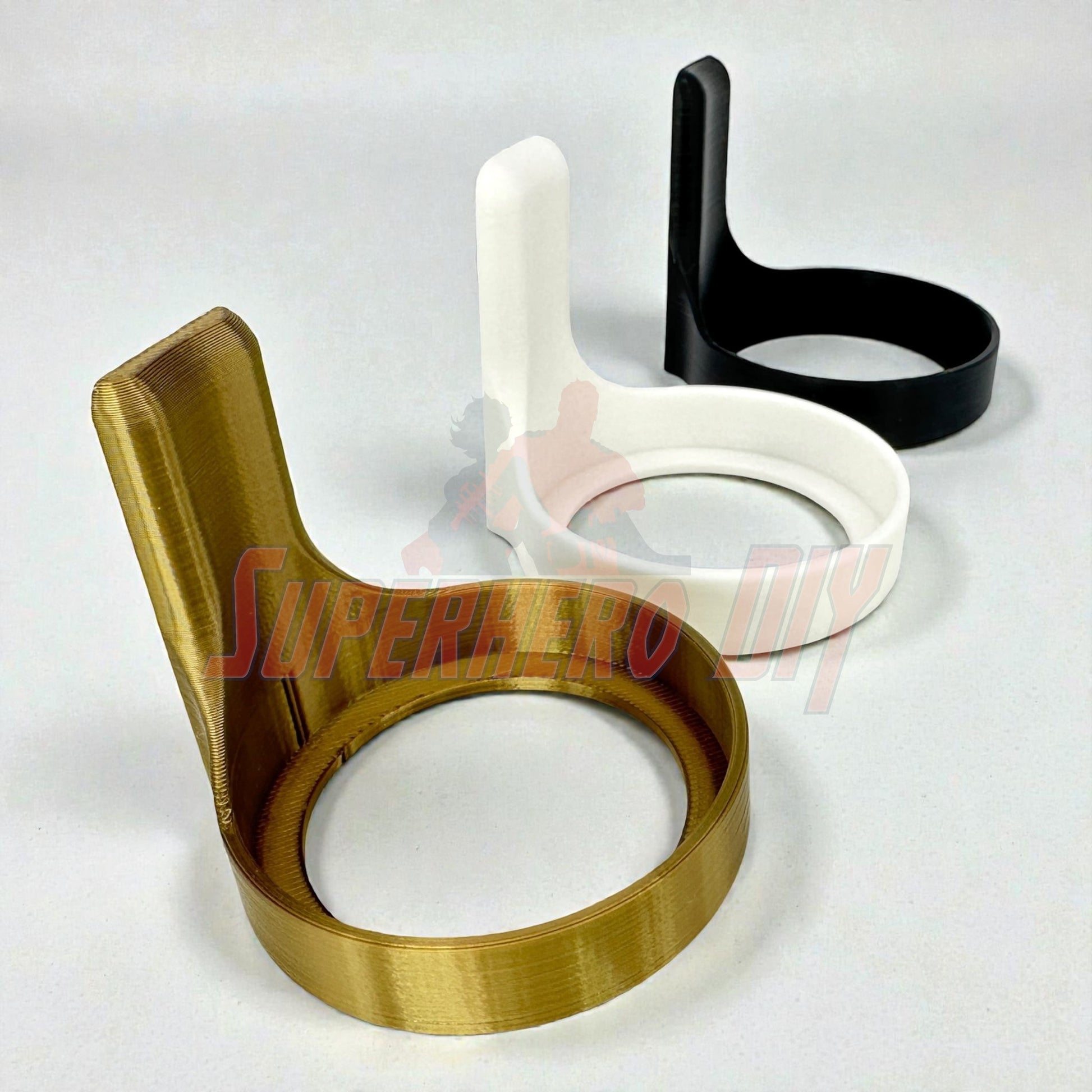 3D-printed floating display shelf for amiibo accessories in gold, white, and black, perfect for showcasing Nintendo Amiibo collection.