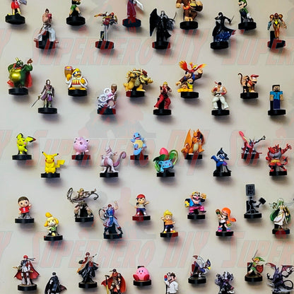 Floating display shelf for amiibo showcasing various Nintendo Amiibo figures, perfect for collectors. Includes command strips, no screws needed.