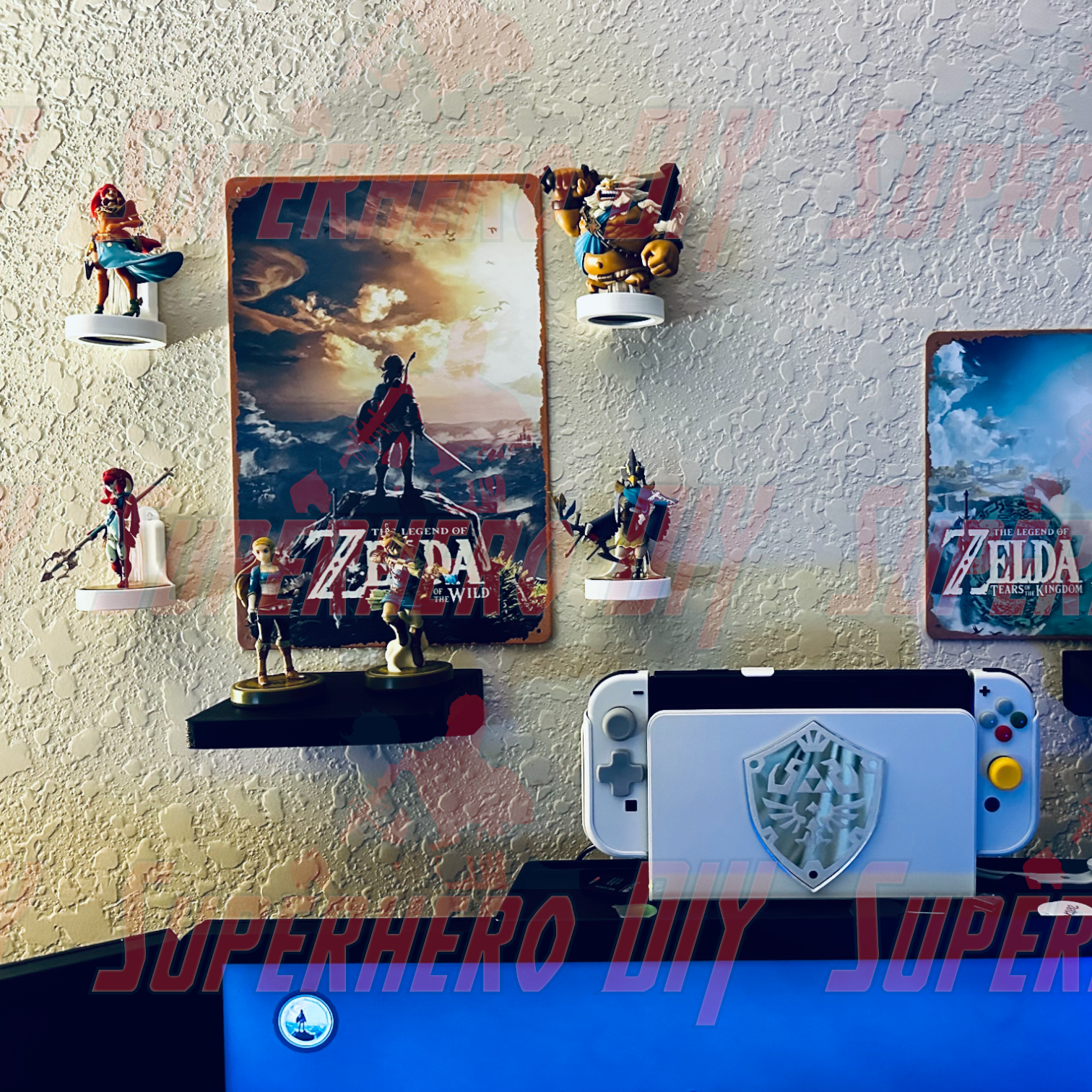 Wall-mounted display shelf for amiibo holding Nintendo characters with command strips, no screws or drilling needed.