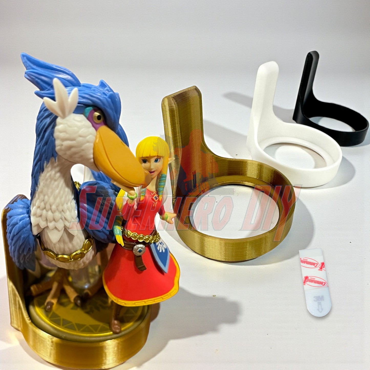 Floating display shelf for amiibo with 3D-printed design, compatible for Nintendo Amiibo accessories, includes command strips, no drilling needed.