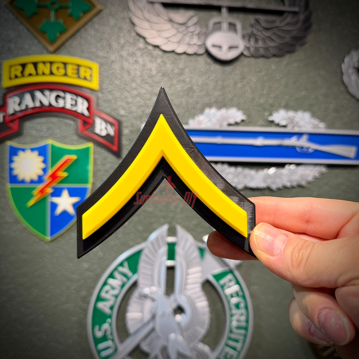 U.S. Army enlisted rank insignia in Army yellow and black, 12 enlisted ranks available