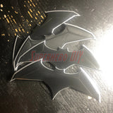 3D-printed BvS JL batarang prop in black and silver for cosplay and costume use.