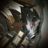BvS JL batarang prop 3D-printed in PLA plastic for cosplay, shown in black finish on costume armor.