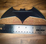 BvS JL batarang prop, 3D-printed plastic accessory, black design next to a ruler for size reference, perfect for cosplay or decor
