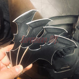 Hand holding BvS JL batarang prop, 3D-printed in black plastic, perfect for cosplay or costume accessory.