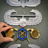 Hand holding Chemical Corps insignia with wings and emblems for display on a textured wall.