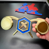 Chemical Corps insignia in hand, showcasing cobalt blue and gold design for wall display.