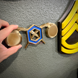 Chemical Corps insignia displayed on a wall, showcasing a cobalt blue benzene ring and crossed gold retorts.