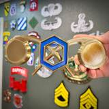 Chemical Corps insignia displayed with gold and blue details, perfect for wall or shadow box display.