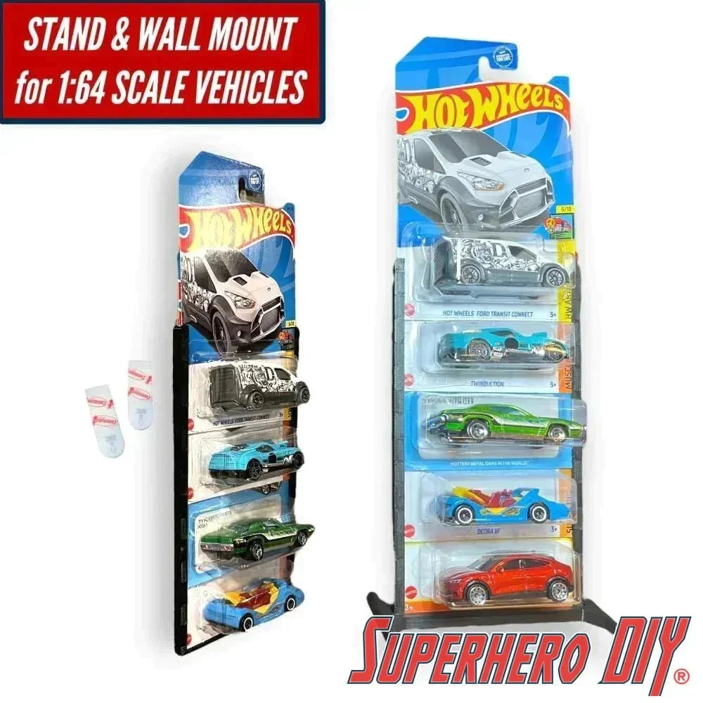 Check out the Display Stand + Wall Display Sleeve for 1:64 Scale Vehicles | 5-Car Display for Hot Wheels or Matchbox cars from Superhero DIY! The perfect solution for only $8.99