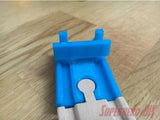 Wooden train set buffer stop end track piece, compatible with BRIO & Thomas trains, emphasizes train buffer END stop usage.