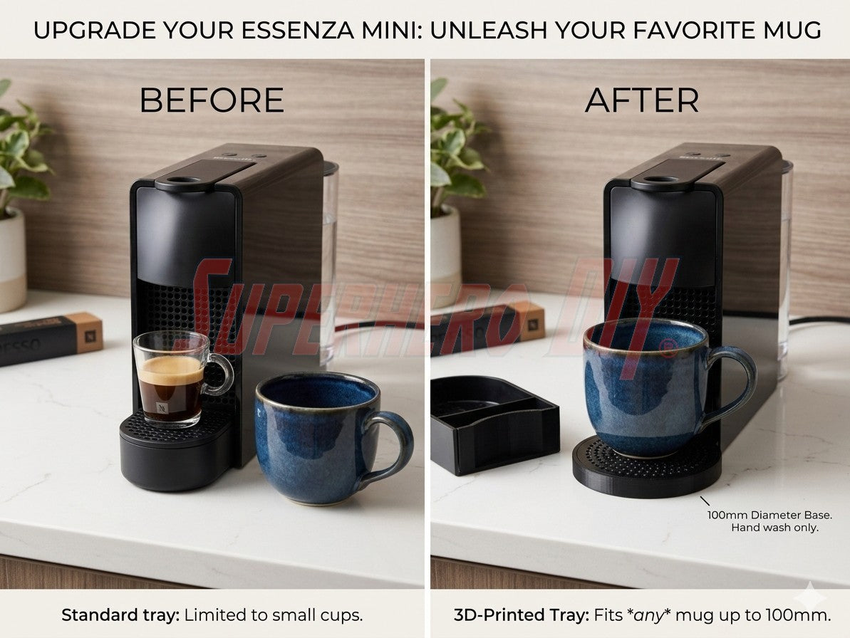 Before and after showing mini mug drip tray Nespresso Essenza fitting different mug sizes on coffee maker.