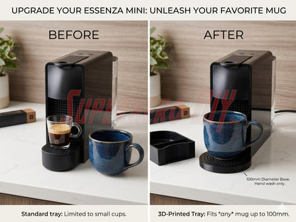 Before and after showing mini mug drip tray Nespresso Essenza fitting different mug sizes on coffee maker.