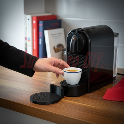 Mini mug drip tray Nespresso Essenza in use with coffee maker on a kitchen counter.