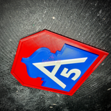 Steep angle of the Fifth Army insignia display with the raised white A and 5 standing above the blue field