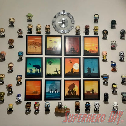 Funko Pop collection displayed on Superhero DIY floating figure shelves, creating an organized wall-mounted display for collectibles