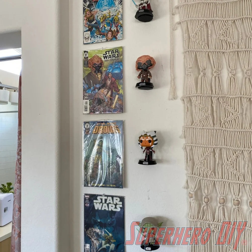 Funko Pop collection displayed on Superhero DIY floating figure shelves, creating an organized wall-mounted display for collectibles