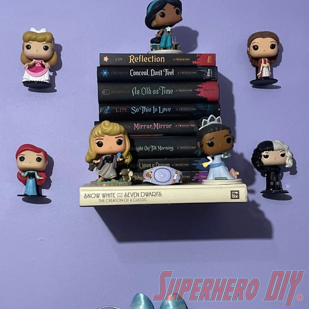 Funko Pop collection displayed on Superhero DIY floating figure shelves, creating an organized wall-mounted display for collectibles