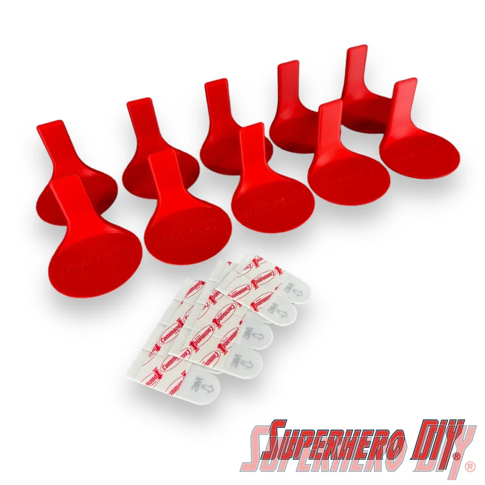 Superhero DIY floating figure shelves in red color for Funko Pop wall displays, 3D-printed in durable plastic