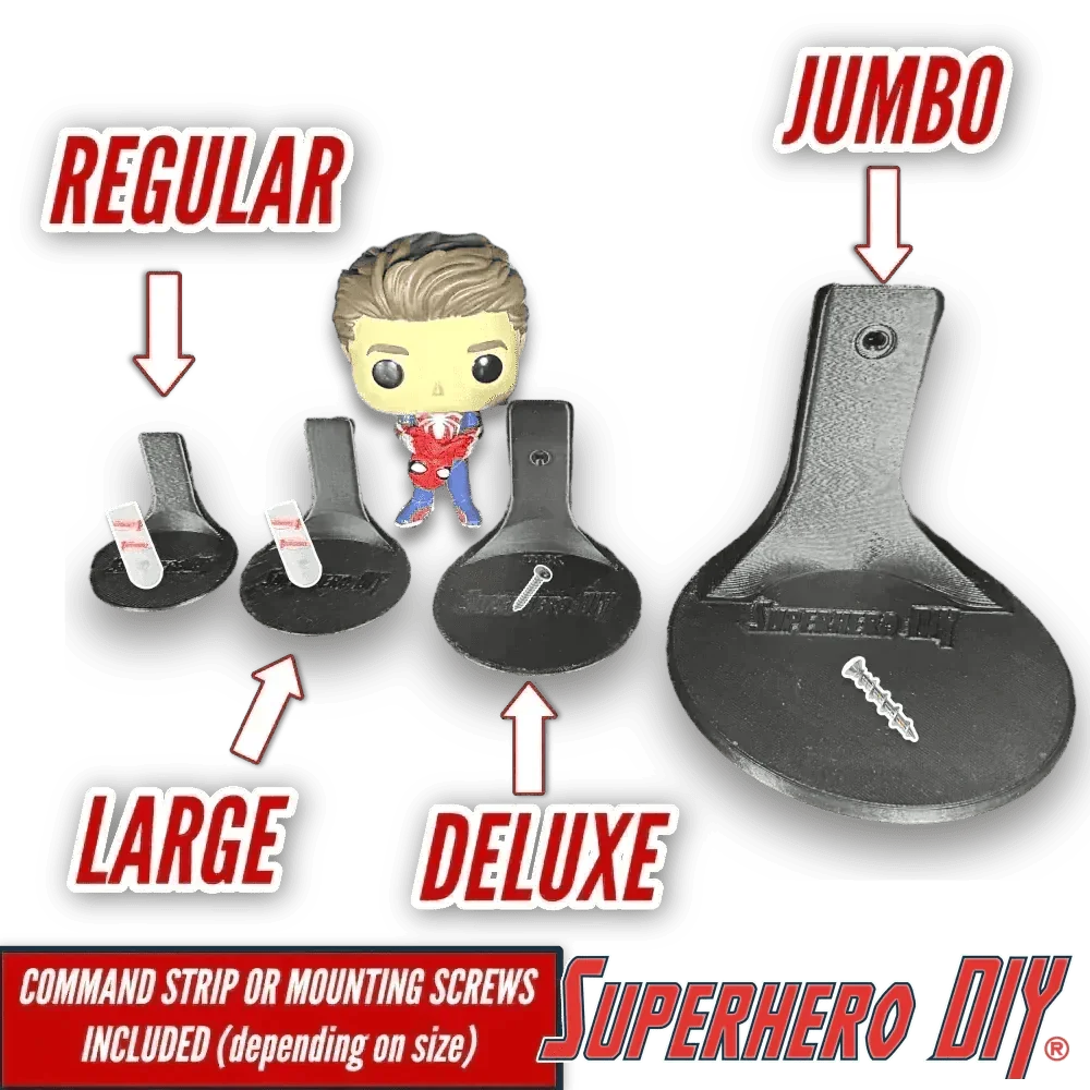 Regular, Large, Deluxe, and Jumbo sizes of floating figure shelves by Superhero DIY, designed for Funko Pop and action figure displays