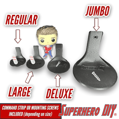 Regular, Large, Deluxe, and Jumbo sizes of floating figure shelves by Superhero DIY, designed for Funko Pop and action figure displays