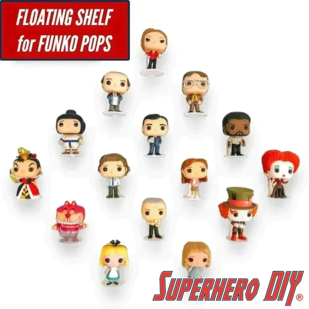 Superhero DIY floating figure shelf for Funko Pop figures, a 3D-printed wall-mounted display made from durable PLA plastic