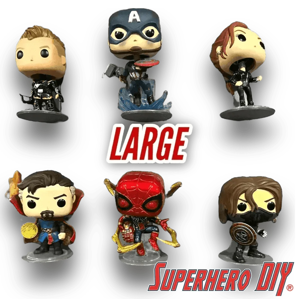 Larger Funko Pop figures with clear acrylic display bases, displayed on a Superhero DIY floating figure shelf with a secure mounting screw