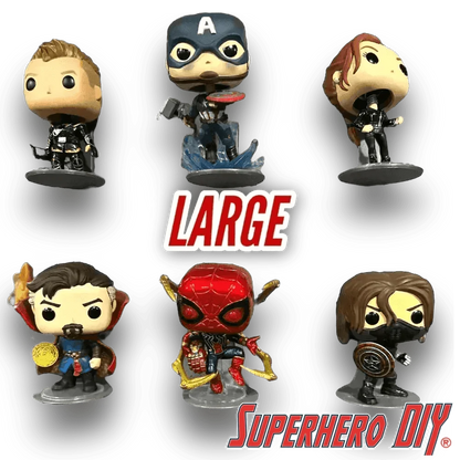 Larger Funko Pop figures with clear acrylic display bases, displayed on a Superhero DIY floating figure shelf with a secure mounting screw