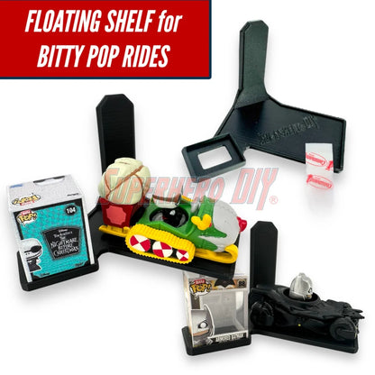 Floating wall shelf display for Bitty Pop Rides sets, fits vehicle-style Funko Bitty Pop figures with matching box