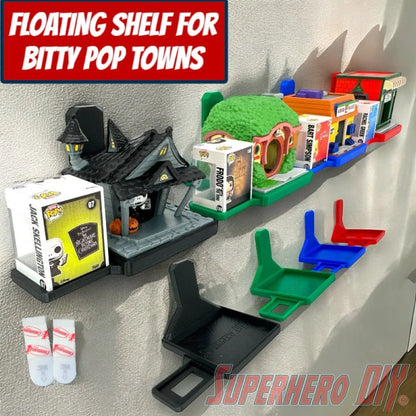 Wall-mounted display shelf for Funko Bitty Pop Towns, fits full town box and figures for out-of-box collectors