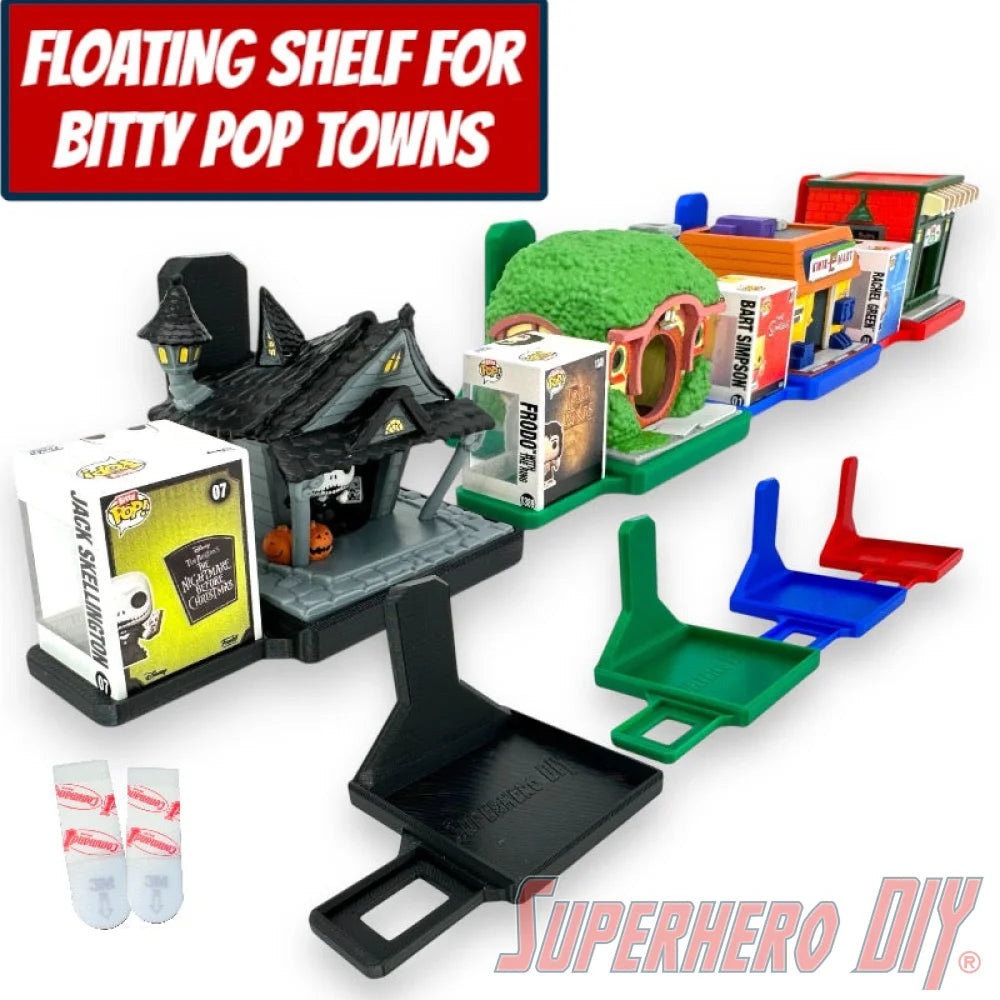 Wall-mounted display shelf for Funko Bitty Pop Towns, fits full town box and figures for out-of-box collectors