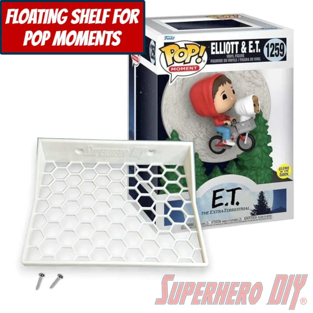 Check out the Floating Shelf for Funko Pop! Moments Elliot & E.T. #1259 In-Box Display | Honeycomb Box Shelf from Superhero DIY! The perfect solution for only $10.99