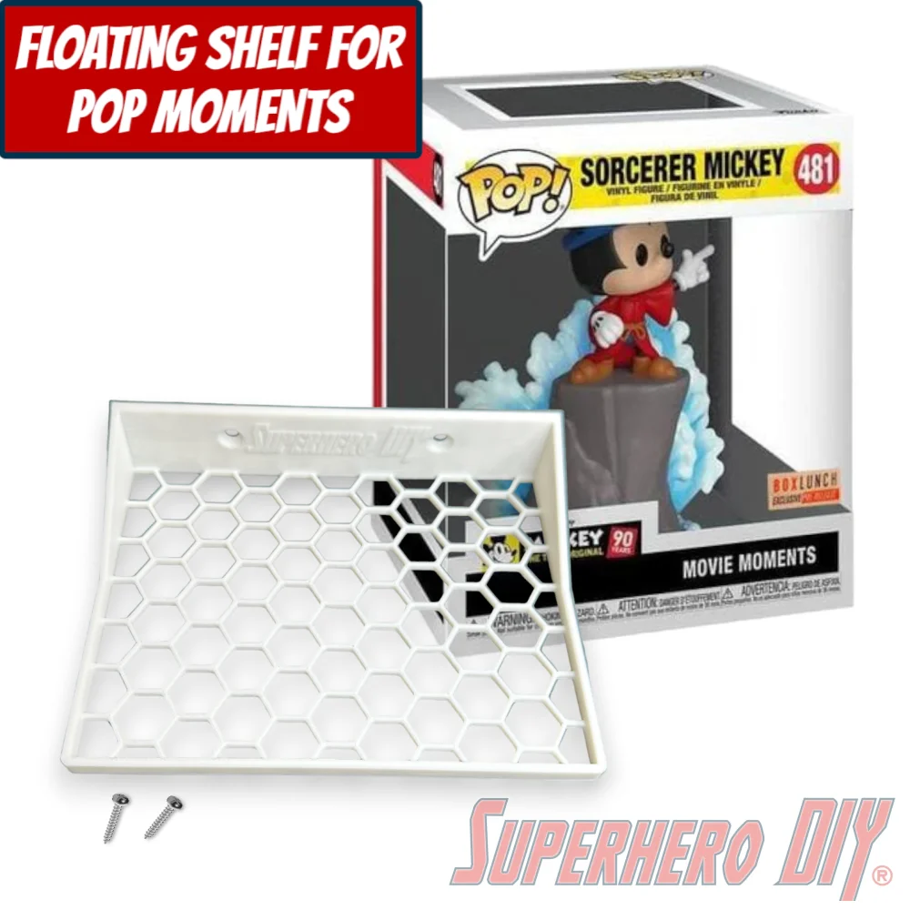 Check out the Floating Shelf for Funko Pop! Moments Sorcerer Mickey #481 In-Box Display | Honeycomb Box Shelf from Superhero DIY! The perfect solution for only $10.99