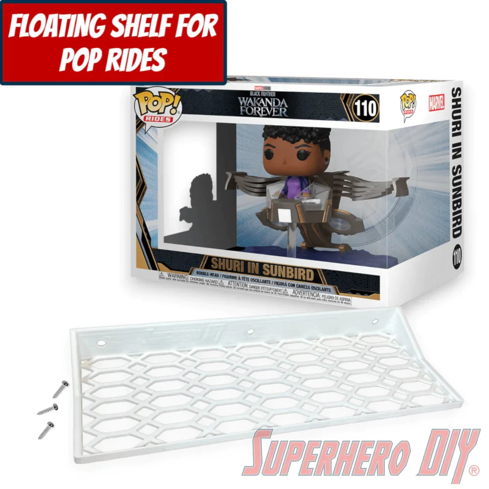 Check out the Floating Shelf for Funko Pop! Rides Shuri In Sunbird #110 (Wakanda Forever) from Superhero DIY! The perfect solution for only $18.99