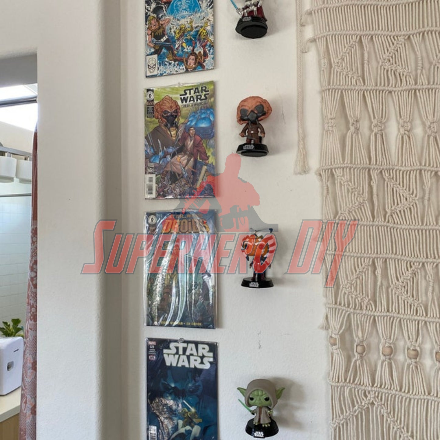 floating shelves for funko pops displaying Star Wars and Marvel figures on a wall with comic book covers