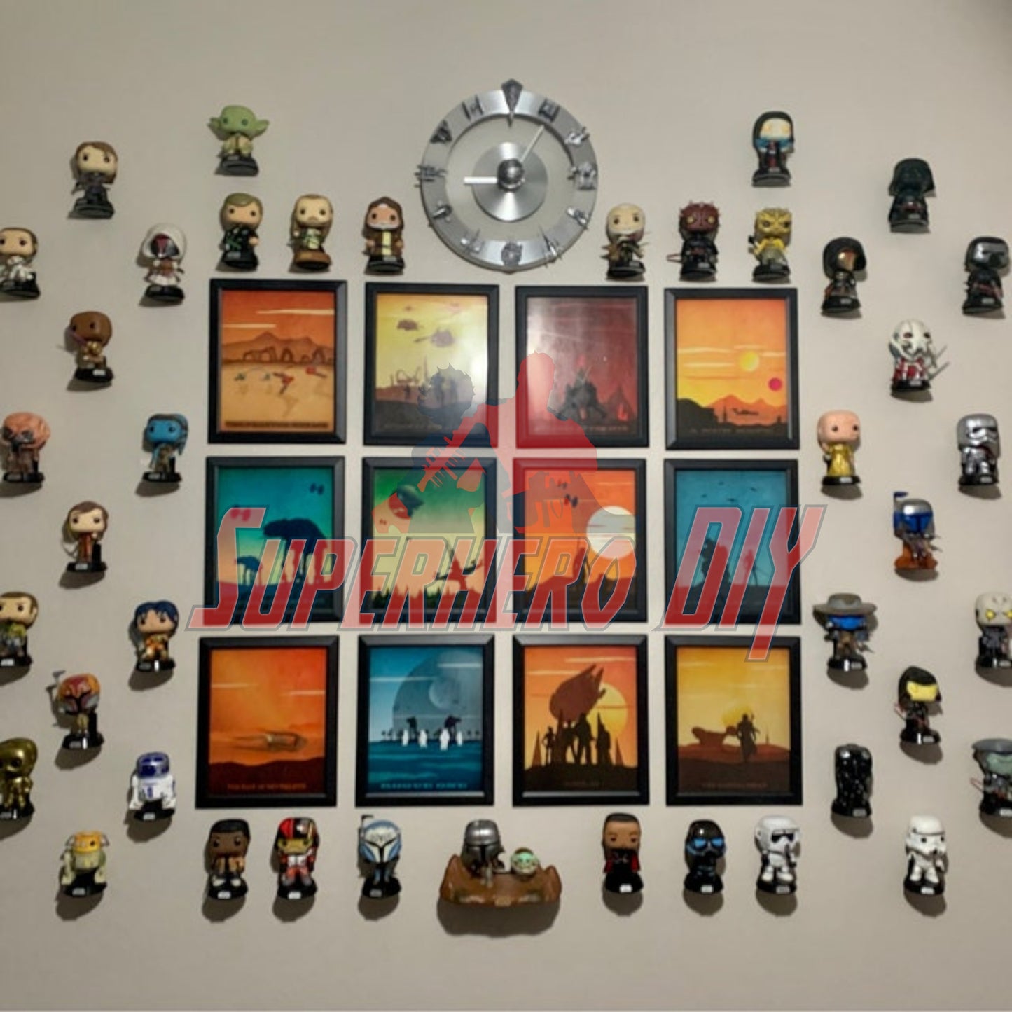 Floating shelves for Funko Pops showcasing a vibrant collection of vinyl figures against a decorative wall with Superhero DIY frames.