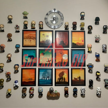 Floating shelves for Funko Pops showcasing a vibrant collection of vinyl figures against a decorative wall with Superhero DIY frames.