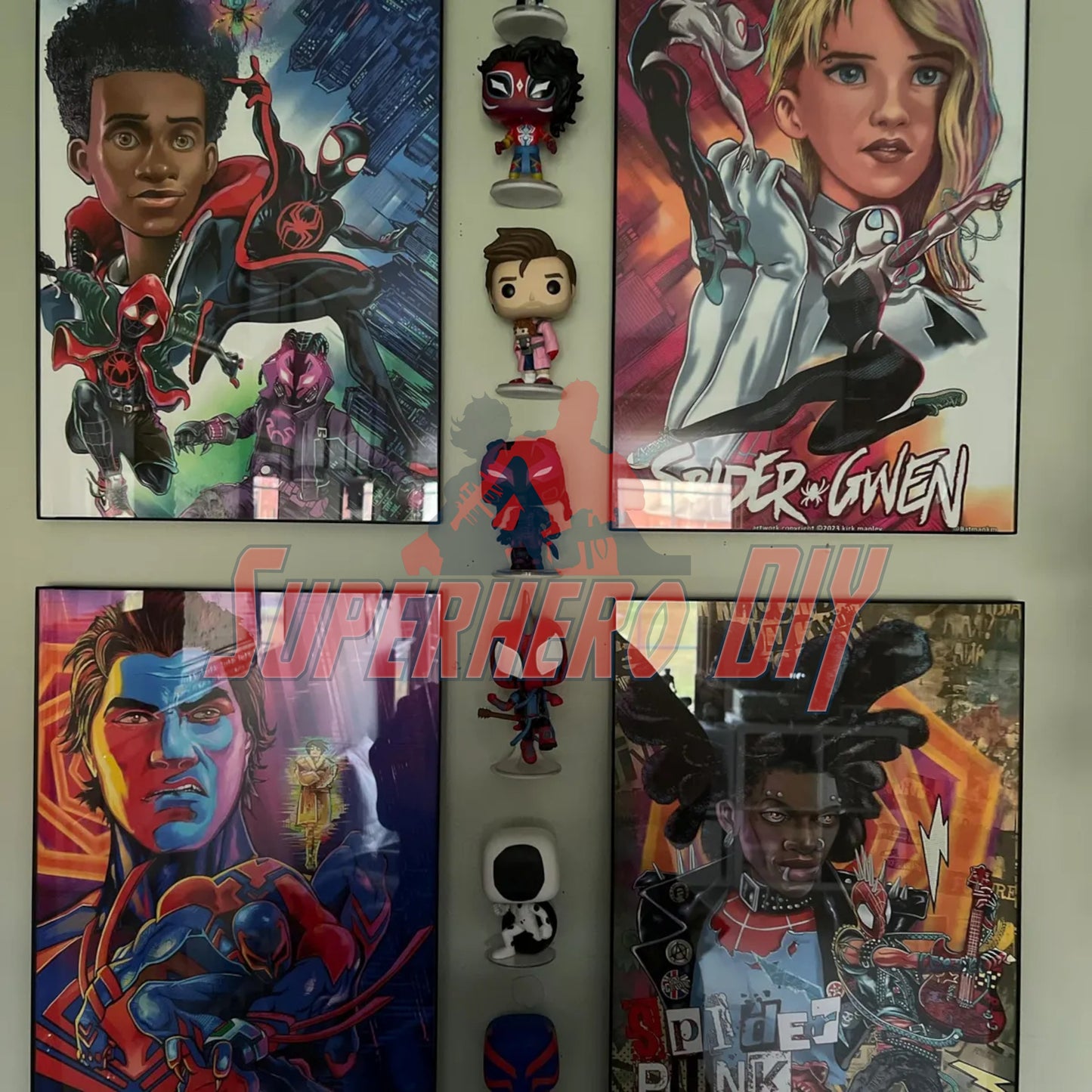 Decorative wall display featuring floating shelves for funko pops with superhero frames.