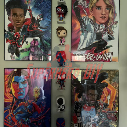 Decorative wall display featuring floating shelves for funko pops with superhero frames.