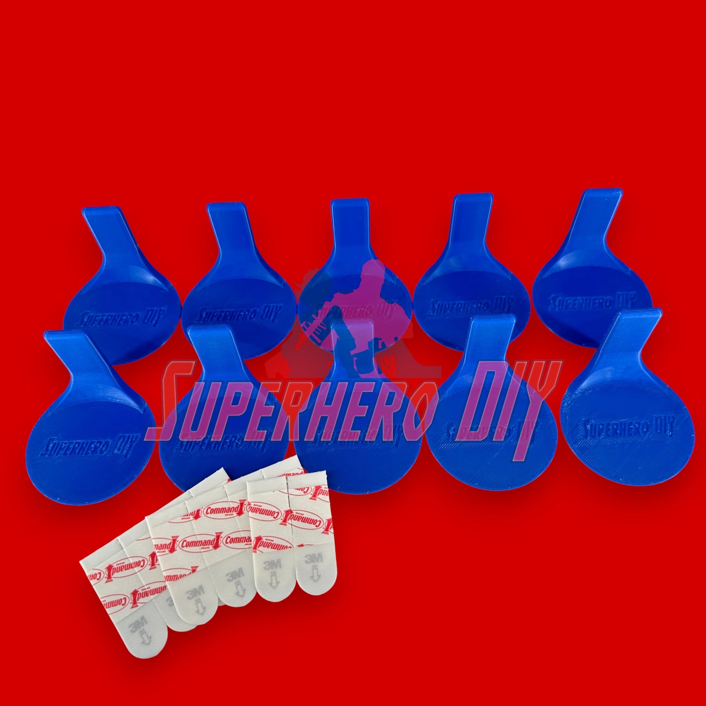 Superhero DIY floating shelves for Funko Pops with adhesive strips, perfect for displaying collectibles on a red background.