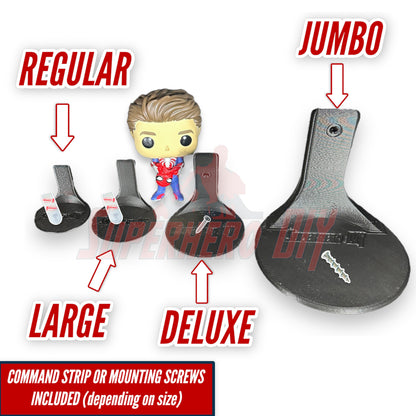 Superhero DIY® floating shelves for Funko Pops in various sizes with mounting options.