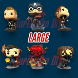 Large superhero Funko Pops displayed on floating shelves for funko pops by Superhero DIY®