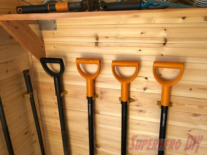 Check out the Garden Tool Wall Mount Yard Tool Holders for Fiskar Shovels, Rakes, etc. | 3D-printed storage solutions from Superhero DIY! The perfect solution for only $3.59